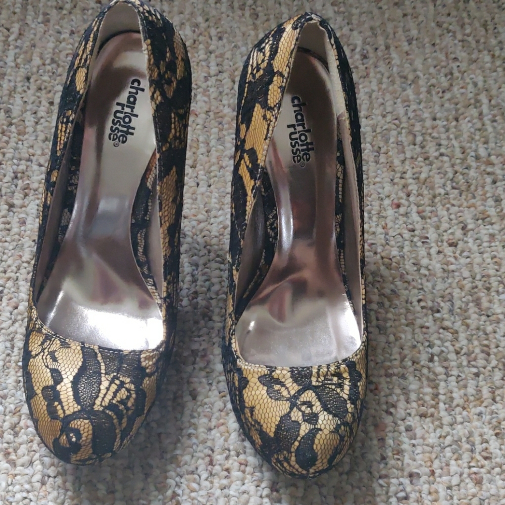 Gold black lacy heels